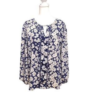 Navy Blue White Floral Keyhole Blouse Top Plus Sz 2X Collective Concepts